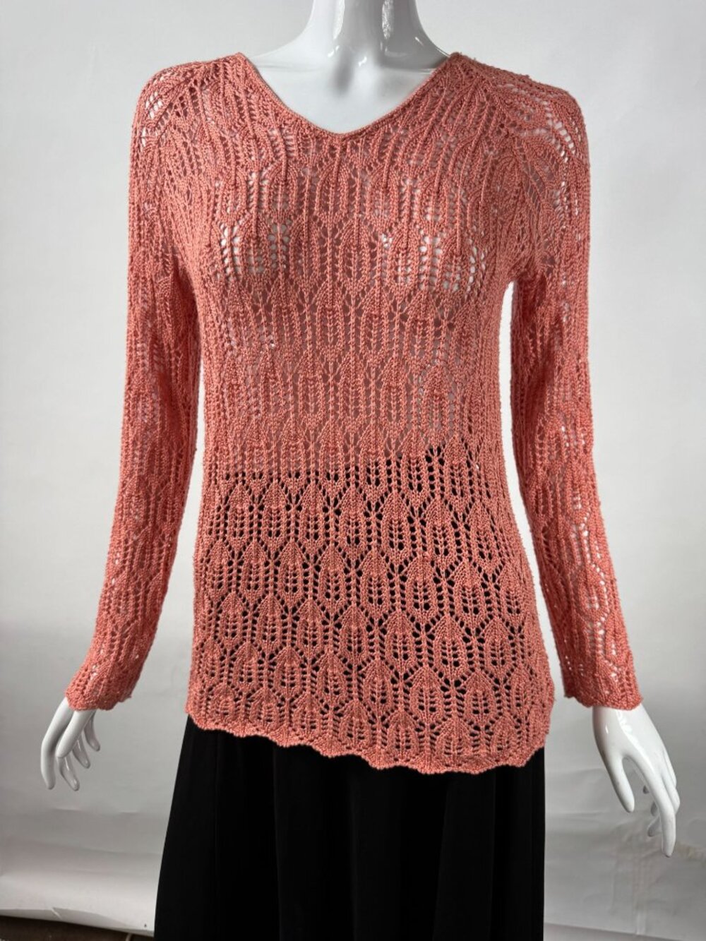 Adrienne Vittadini Coral 100% Silk Open Knit Long Sleeve Sweater Top Womens Smal